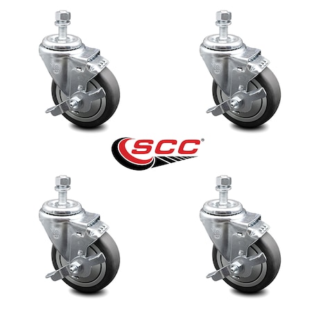 Service Caster 4 Inch Thermoplastic Rubber Swivel 3/8 Inch Threaded Stem Caster Set with Brake SCC-TS20S414-TPRB-TLB-381615-4